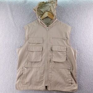 Vintage Banana Republic Mens Size L Khaki Utility Vest Hoodie Zip Pockets Camp